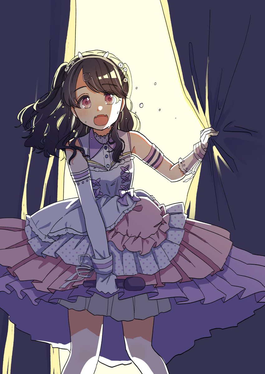 1girl absurdres artist_request asymmetrical_gloves black_hair commentary_request curtains dress elbow_gloves fangs fukumaru_koito gloves hair_ornament highres holding holding_microphone idolmaster idolmaster_shiny_colors layered_skirt long_hair looking_at_viewer microphone open_mouth single_elbow_glove skin_fangs skirt sleeveless sleeveless_dress solo sweat twintails uneven_gloves violet_eyes