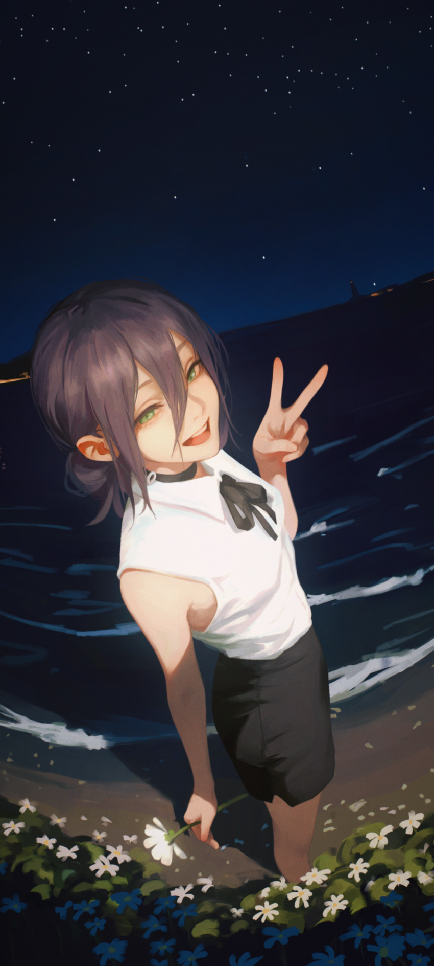 1girl absurdres beach black_choker black_ribbon black_skirt breasts chainsaw_man choker double-parted_bangs flower green_eyes hair_between_eyes hair_bun highres holding holding_flower lighthouse looking_at_viewer night night_sky ocean open_mouth purple_hair reze_(chainsaw_man) ribbon shirt sidelocks skirt sky sleeveless sleeveless_shirt small_breasts solo standing star_(sky) starry_sky v white_shirt yao_liao_wang