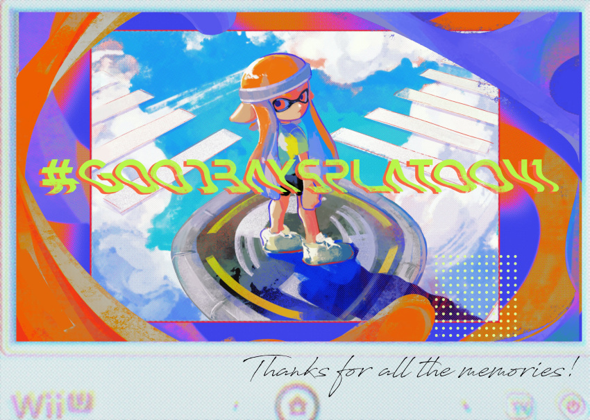 1girl absurdres bike_shorts black_shorts blue_sky closed_mouth clouds english_text game_console hashtag highres inkling inkling_girl inkling_player_character long_hair looking_back orange_hair pointy_ears red_eyes shirt shoes shorts sky solo splatoon_(series) splatoon_1 standing sweatband t-shirt tentacle_hair white_footwear white_shirt wii_u wii_u_gamepad zicbx