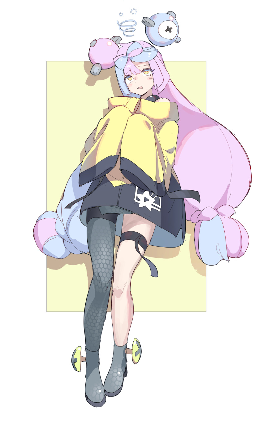 1girl @_@ absurdres bare_shoulders blue_hair blush bow-shaped_hair grey_pantyhose grey_shirt highres huanxiang_huifeng iono_(pokemon) jacket light_blue_hair long_hair looking_up multicolored_hair off-shoulder_jacket off_shoulder pantyhose pink_eyes pink_hair pokemon pokemon_sv shirt single_leg_pantyhose sleeves_past_fingers sleeves_past_wrists solo tears twintails two-tone_hair very_long_hair very_long_sleeves wide_sleeves yellow_background yellow_jacket