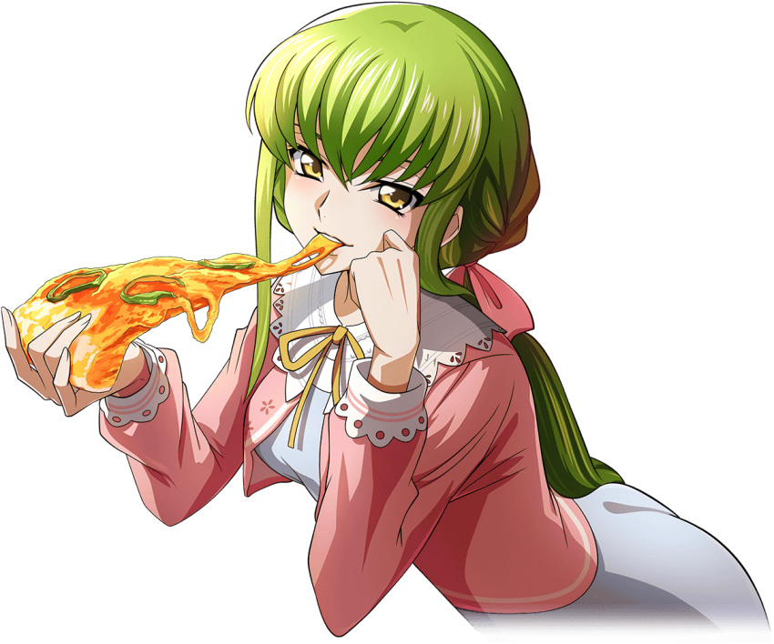 1girl artist_request blush breasts c.c. cheese_trail code_geass code_geass:_lost_stories dress eating food game_cg green_hair grey_dress hair_ribbon half-closed_eyes hand_on_own_cheek hand_on_own_face hands_up happy head_rest holding holding_food holding_pizza jacket leaning_forward light_blush long_hair long_sleeves looking_at_viewer low_ponytail medium_breasts neck_ribbon non-web_source official_art open_clothes open_jacket pink_jacket pink_ribbon pizza pizza_slice ribbon sidelocks smile solo teeth yellow_eyes yellow_ribbon