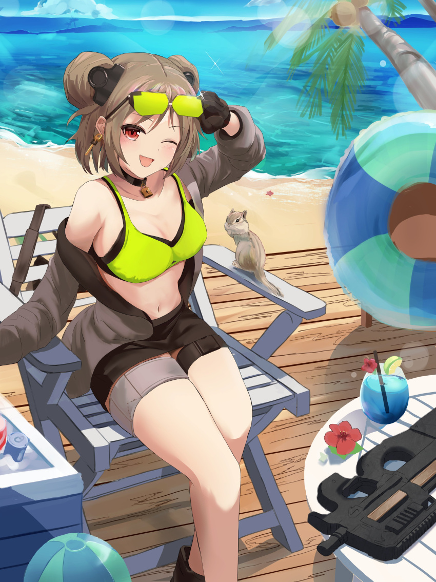 1girl absurdres ball beach beachball blush breasts bullpup collarbone commission day double_bun english_commentary eyewear_on_head feet_out_of_frame girls_frontline gloves green-tinted_eyewear gun hair_bun highres inflatable_toy jacket light_brown_hair looking_at_viewer medium_breasts ocean one_eye_closed open_mouth outdoors p90 p90_(girls'_frontline) palm_tree red_eyes smile snnm_hb solo squirrel stomach submachine_gun sunglasses tinted_eyewear tree weapon
