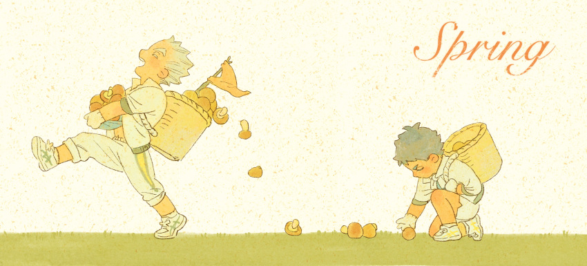 2boys aged_down akaashi_keiji basket bokuto_koutarou chengongzi123 child closed_eyes colored_eyelashes commentary_request dropping english_text flag full_body gloves grey_hair haikyuu!! highres holding jacket male_focus multiple_boys mushroom on_one_knee open_mouth outdoors pants picking_up shoes short_hair shorts sneakers thick_eyebrows very_short_hair walking yellow_background