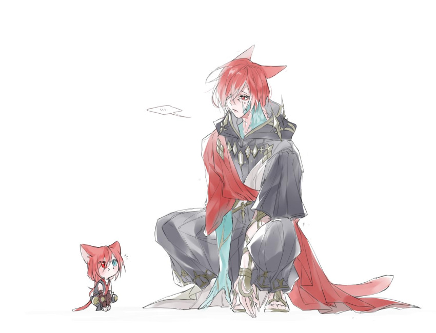 ... 2boys animal_ears cat_ears cat_tail chibi cloak crystal_exarch dual_persona final_fantasy final_fantasy_xiv g'raha_tia hair_over_one_eye heterochromia hood hood_down hooded_cloak material_growth mini_person miniboy miqo'te multiple_boys notice_lines red_eyes redhead simple_background spoken_ellipsis squatting tail tladpwl03 white_background