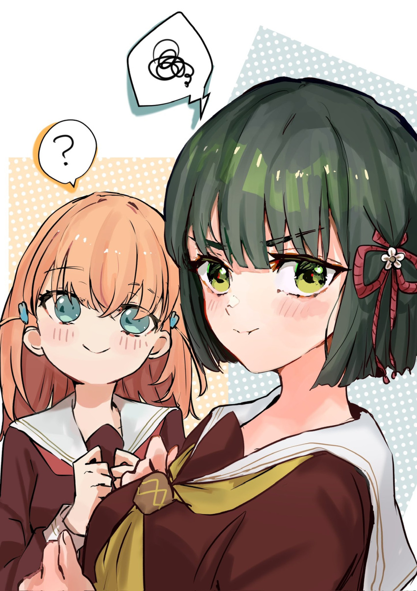2girls ? aqua_eyes averting_eyes blunt_bangs blunt_ends blush brown_dress closed_mouth clueless commentary crossed_bangs dress flower green_background green_eyes green_hair hair_flower hair_ornament hands_up hasu_no_sora_school_uniform highres hinoshita_kaho link!_like!_love_live! long_sleeves looking_at_another looking_at_viewer love_live! medium_hair momose_ginko multicolored_background multiple_girls neckerchief oihlf orange_background orange_hair polka_dot polka_dot_background pout rabbit_hair_ornament red_neckerchief sailor_collar sailor_dress school_uniform short_hair smile spoken_question_mark spoken_squiggle squiggle two_side_up v-shaped_eyebrows virtual_youtuber white_background white_sailor_collar winter_uniform yellow_neckerchief