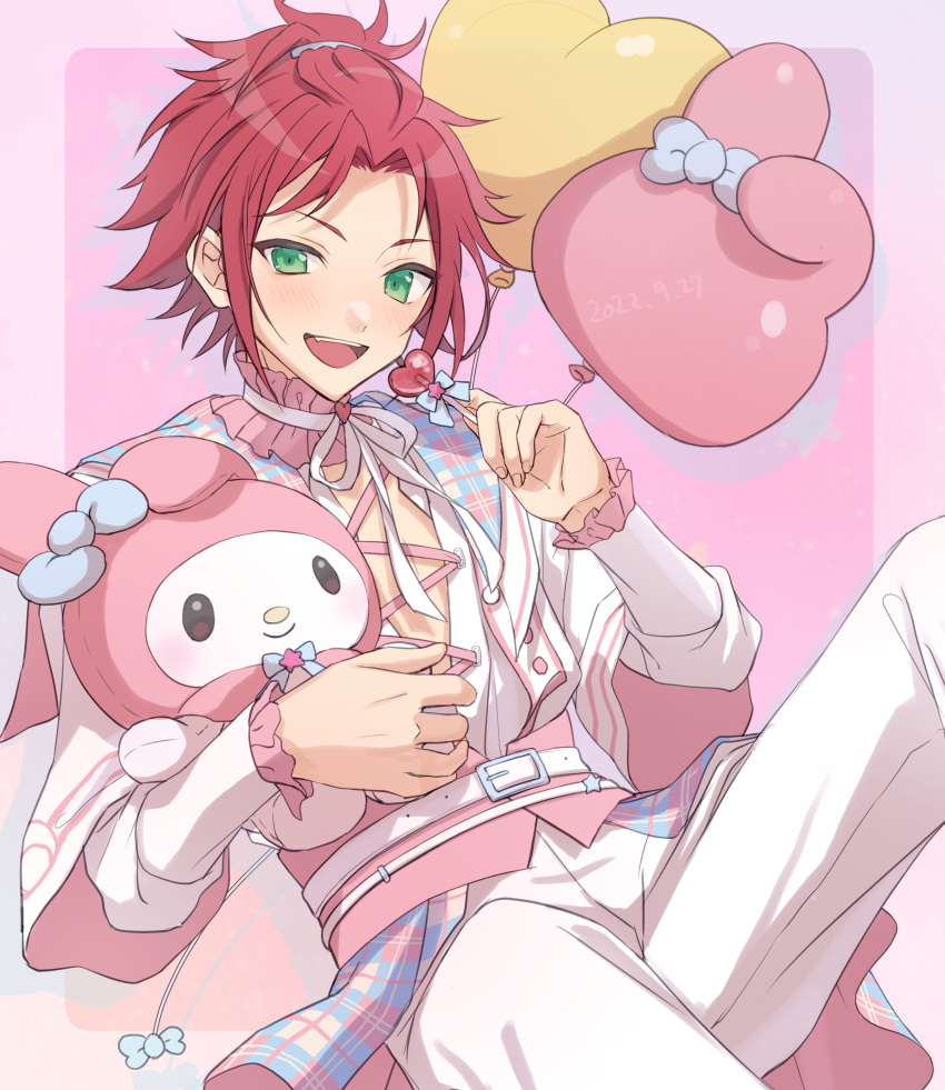 1boy 2022 absurdres artistic_error balloon belt bishounen candy dated drop_shadow ensemble_stars! food gradient_background heart heart-shaped_lollipop highres holding holding_candy holding_food holding_lollipop holding_stuffed_toy invisible_chair isara_mao jacket knee_up legs_apart lollipop looking_at_viewer male_focus my_melody onegai_my_melody outside_border pants pink_background pink_sash reijiro sanrio sash shaped_lollipop shirt_tucked_in sitting solo stuffed_animal stuffed_rabbit stuffed_toy three_quarter_view white_belt white_jacket white_pants