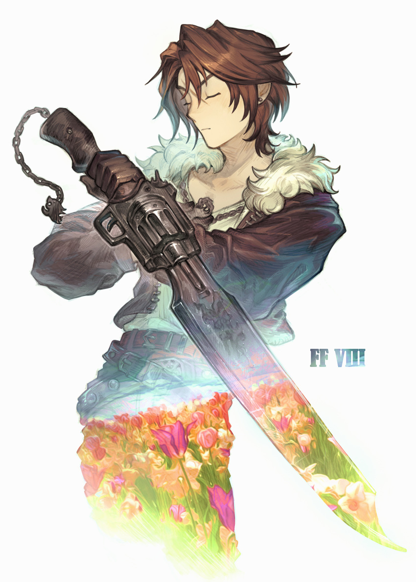 1boy 9twoeight absurdres belt black_jacket brown_hair chain chain_necklace closed_eyes copyright_name cropped_jacket cropped_legs earrings expressionless field final_fantasy final_fantasy_viii flower flower_field fur-trimmed_jacket fur_trim grey_background gunblade hands_up highres holding holding_sword holding_weapon jacket jewelry leaning_back male_focus multiple_belts necklace open_clothes open_jacket orange_flower pink_flower scar scar_on_face short_hair solo squall_leonhart stud_earrings sword upper_body weapon white_background