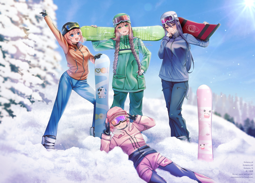 4girls :d absurdres alternate_hairstyle artist_name black_coat black_gloves black_pants blue_pants blue_sky blurry blush bokeh boots braid breasts brown_hair coat commentary commission depth_of_field doki_doki_literature_club double_v english_commentary feet_out_of_frame gloves goggles goggles_on_headwear green_coat green_pants grin hand_to_own_mouth head_tilt highres hill holding_snowboard knit_hat long_hair lying medium_breasts mi_tarou0412 monika_(doki_doki_literature_club) multicolored_coat multiple_girls natsuki_(doki_doki_literature_club) on_back open_mouth orange_coat pants parted_lips pine_tree pink_coat pink_hair pink_pants purple_coat purple_hair sayori_(doki_doki_literature_club) short_hair ski_boots ski_goggles sky small_breasts smile snow snowboard snowboarding snowing sun teeth tree twin_braids twitter_username two-tone_coat two-tone_pants two_side_up upper_teeth_only v very_long_hair white_footwear winter yuri_(doki_doki_literature_club)