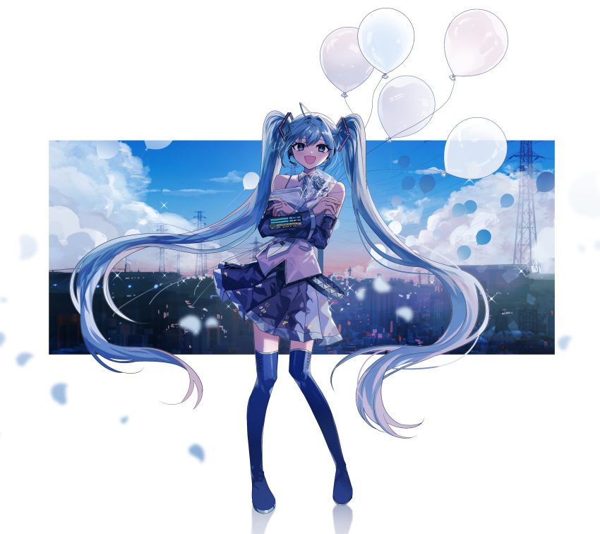 1girl :d absurdres ahoge balloon bare_shoulders black_footwear black_skirt black_sleeves blue_eyes blue_flower blue_hair blue_rose blue_sky boots building clouds collared_shirt commentary_request danjou_sora day detached_sleeves flower full_body hair_between_eyes hatsune_miku highres hugging_object long_hair long_sleeves looking_at_viewer petals pleated_skirt power_lines reflection rose shirt skirt sky sleeveless sleeveless_shirt smile solo standing thigh_boots transmission_tower twintails very_long_hair vocaloid white_background white_shirt wide_sleeves