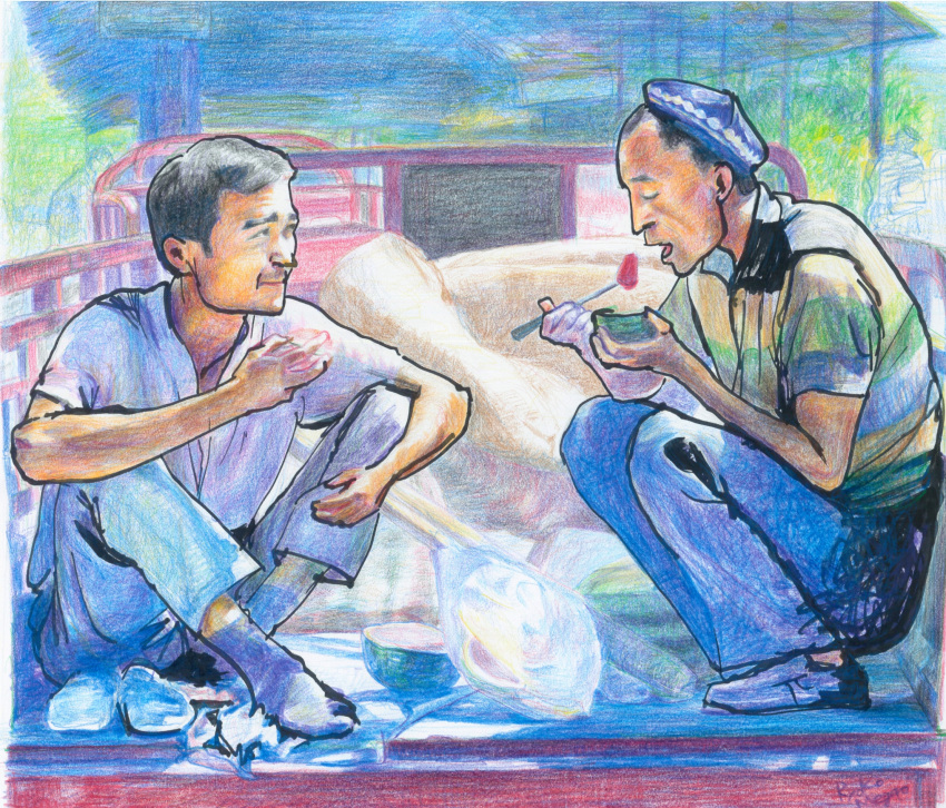 2boys ankle_socks asian beret black_hair bowl china chopsticks colored_pencil_(medium) commentary_request eating full_body hat highres loafers mature_male meguryoo mixed-language_commentary multiple_boys open_mouth original pants polo_shirt realistic shoes short_hair signature sitting socks squatting traditional_media train travel unworn_shoes uygur very_short_hair