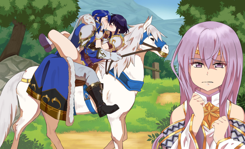 1boy 2girls :/ absurdres armor black_hair blurry blurry_background breastplate brother_and_sister closed_eyes comedy commission commissioner_upload couple fire_emblem fire_emblem:_genealogy_of_the_holy_war hands_on_another's_face headband hetero highres horse horseback_riding julia_(fire_emblem) kiss larcei_(fire_emblem) leg_lock long_hair looking_at_viewer multiple_girls purple_tunic reins riding rock rs40uchiha saddle seliph_(fire_emblem) short_hair shoulder_armor siblings straddling trail tree tunic upright_straddle white_headband white_horse