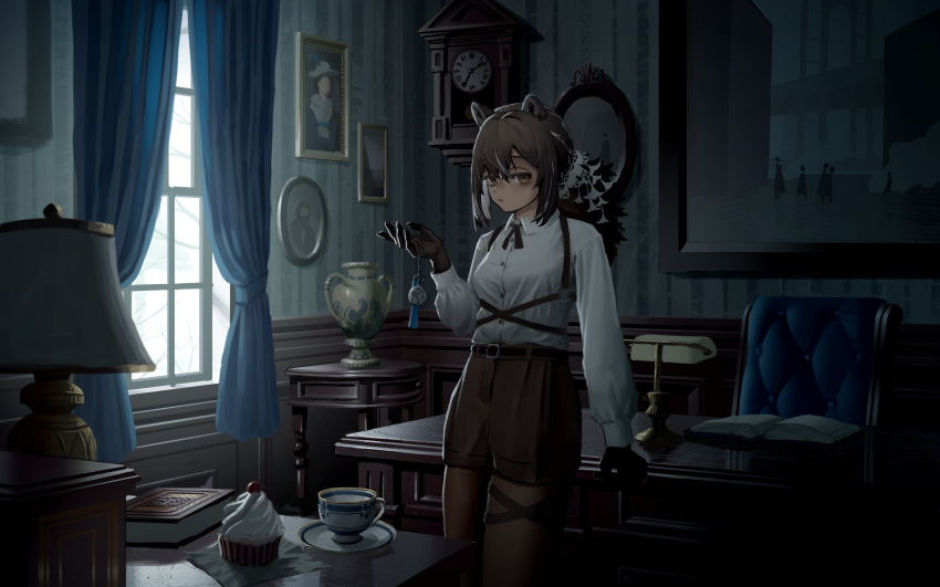 1girl against_object animal_ears arknights arm_support armchair bags_under_eyes book breasts brown_eyes brown_hair brown_pantyhose brown_shorts chair chest_harness claws clock closed_mouth collared_shirt commentary_request cuckoo_clock cup cupcake day desk desk_lamp food freckles half-closed_eyes hand_up harness highres holding holding_pocket_watch indoors lamp leaning_back long_hair long_sleeves looking_at_viewer medium_breasts o-ring open_book oukayu painting_(object) pantyhose pantyhose_under_shorts pocket_watch ponytail portrait_(object) raccoon_ears robin_(arknights) scenery shirt short_shorts shorts solo standing teacup vase wall_clock watch white_shirt window