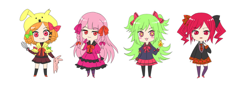 +_+ 4girls :3 :p animal_ear_headwear black_bow black_socks black_suit black_thighhighs blush_stickers bow bowtie braid capelet charlotte_(witch's_heart) chibi dress drill_hair gloves green_bow green_hair hair_bow hair_ornament hair_ribbon hand_on_own_chest hand_on_own_chin holding holding_scissors jitome leg_up lime_(witch's_heart) long_hair moon-realm multiple_girls necktie orange_footwear orange_hair pink_bow pink_dress pink_eyes pink_footwear pink_gloves pink_hair pink_ribbon plaid plaid_bow plaid_necktie plaid_skirt pleated_skirt puffy_short_sleeves puffy_sleeves red_bow red_bowtie red_eyes red_footwear red_ribbon red_shirt red_skirt redhead ribbon rouge_(witch's_heart) scissors shirt short_hair short_sleeves simple_background skirt smile smug socks suit swept_bangs thigh-highs tongue tongue_out twin_braids twintails white_background witch's_heart x_hair_ornament yellow_capelet yellow_hat zizel_(witch's_heart)