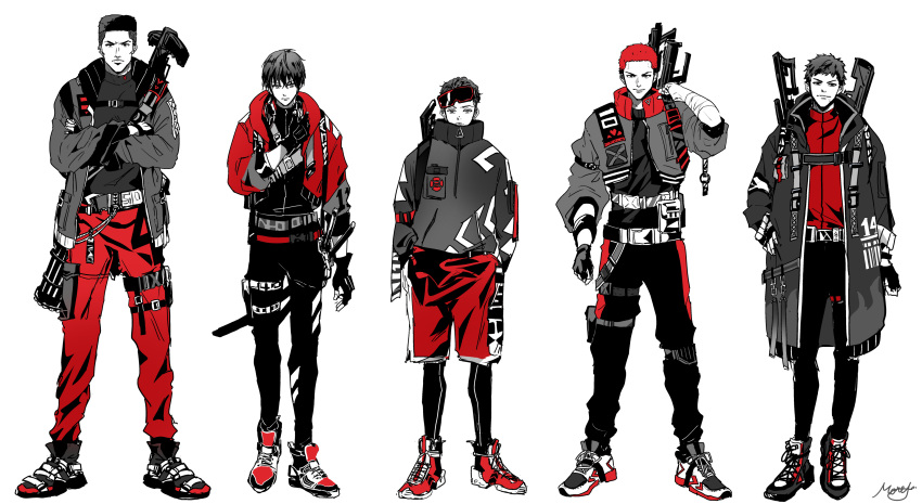 5boys absurdres akagi_takenori arm_at_side bandaged_arm bandages belt belt_pouch breast_pocket buzz_cut closed_mouth coat cropped_jacket cross-laced_footwear crossed_arms fingerless_gloves frown full_body gloves goggles goggles_on_head gun gun_on_back hand_on_own_hip hands_in_pockets high_collar highres jacket leggings_under_shorts lineup long_sleeves male_focus mitsui_hisashi miyagi_ryouta monochrome moriyama_(m0rym) multiple_boys multiple_swords pants pocket pouch red_theme rifle rukawa_kaede sakuragi_hanamichi shoes short_hair signature simple_background slam_dunk_(series) smile sneakers standing studded_belt thigh_belt thigh_pouch thigh_strap very_short_hair weapon weapon_on_back