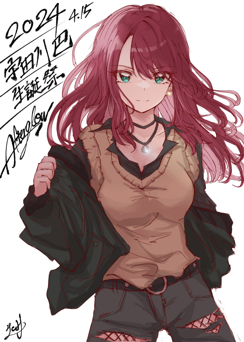1girl bang_dream! belt belt_buckle black_belt black_choker black_shirt breasts brown_sweater_vest buckle choker closed_mouth collared_shirt commentary_request cowboy_shot dated earrings fishnets floating_hair green_eyes green_jacket happy_birthday highres ic21_(00lagann) jacket jewelry long_hair looking_at_viewer medium_breasts necklace off_shoulder open_clothes open_jacket pants redhead shirt simple_background solo sweater_vest torn_clothes torn_pants translation_request udagawa_tomoe white_background