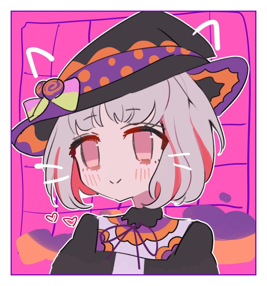1girl :&gt; absurdres animal_ears black_dress black_hat blush bolo_tie border bow cat_ears colored_inner_hair drawn_ears drawn_heart drawn_whiskers dress empty_eyes green_bow grey_hair halloween_costume hat hat_ribbon heart highres idol_clothes inset_border link!_like!_love_live! love_live! multicolored_hair nagisa_iori orange_hat orange_ribbon outline pink_background pink_bow portrait purple_ribbon red_eyes redhead ribbon short_hair smile solo split_mouth streaked_hair trick_&amp;_cute_(love_live!) two-tone_bow two-tone_hair two-tone_hat two-tone_ribbon virtual_youtuber white_border white_outline witch_hat yugiri_tsuzuri