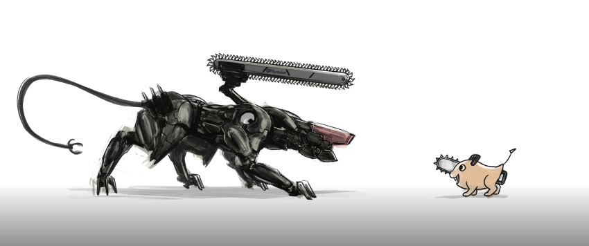 1boy 1other artist_name bladewolf chainsaw chainsaw_man colored_skin crossover dog gradient_background highres khyradon looking_at_another metal_gear_(series) metal_gear_rising:_revengeance no_humans non-humanoid_robot open_mouth orange_skin pochita_(chainsaw_man) realistic robot robot_animal robot_dog shadow tail twitter_username white_background