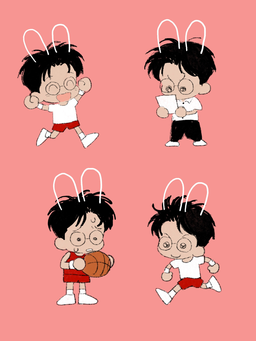 1boy animal_ears arms_up ball basketball_(object) basketball_uniform black_hair chengongzi123 chibi closed_eyes drawn_ears full_body glasses haikyuu!! hands_up highres holding holding_ball holding_paper kogure_kiminobu male_focus multiple_views open_mouth paper pink_background rabbit_ears running short_hair simple_background sportswear standing very_short_hair