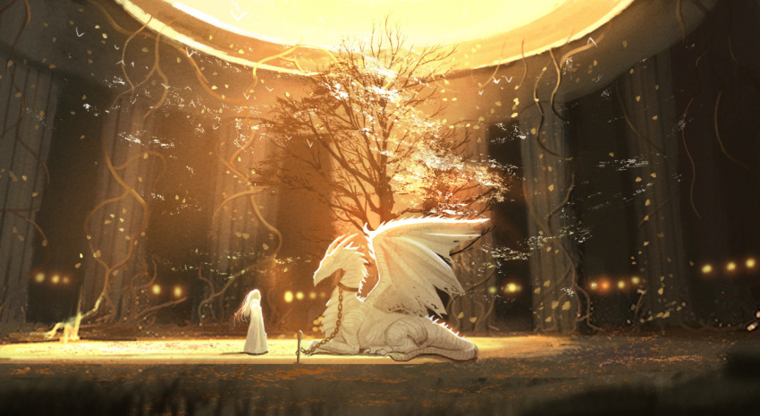 1girl ame_sagari chain chain_leash commentary_request dragon dress face-to-face fantasy from_side indoors leaf leash long_dress long_hair original pillar plant pole scenery sepia sitting sky spiked_tail sunlight tail tree vines western_dragon white_dress white_hair wide_shot yellow_sky