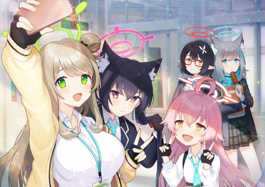 4girls :d ahoge alternate_eye_color animal_ear_fluff animal_ears aqua_necktie aqua_scarf artistic_error ayane_(blue_archive) black_hair black_jacket black_skirt blazer blue_archive blue_eyes blurry book braid brown_hair cardigan cat_ears cat_girl classroom collared_shirt commentary_request corn_dog cross_hair_ornament crown_braid depth_of_field extra_ears fang fingerless_gloves foreclosure_task_force_(blue_archive) glasses gloves green_eyes grey_hair hair_between_eyes hair_ornament hairclip hallway halo highres holding holding_book holding_skewer hoshino_(blue_archive) id_card indoors jacket lanyard leaning_forward long_hair long_sleeves looking_at_viewer medium_hair mismatched_pupils multiple_girls necktie noixen nonomi_(blue_archive) open_cardigan open_clothes orange_eyes pink_hair plaid plaid_skirt pleated_skirt pointy_ears red_eyes scarf school_uniform selfie serika_(blue_archive) shirt short_hair shoulder_strap sidelocks single_braid skewer skirt smile twintails white_shirt window wolf_ears wolf_girl yellow_cardigan yellow_eyes