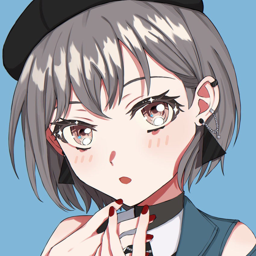 1girl bang_dream! bang_dream!_it's_mygo!!!!! black_hat blue_background blush commentary earclip earrings grey_hair hands_up hat highres jewelry looking_at_viewer nisaka_(nini2plus) parted_lips portrait red_eyes red_nails short_hair simple_background solo takamatsu_tomori