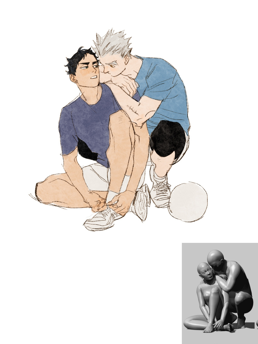 2boys akaashi_keiji ball black_eyes black_hair blue_shirt bokuto_koutarou brown_eyes chengongzi123 english_commentary full_body grey_hair haikyuu!! highres knee_pads knee_up leaning_on_person looking_at_another male_focus multiple_boys open_mouth reference_inset shirt shoes short_hair short_sleeves simple_background sitting sneakers squatting t-shirt thick_eyebrows tying_footwear very_short_hair white_background white_footwear