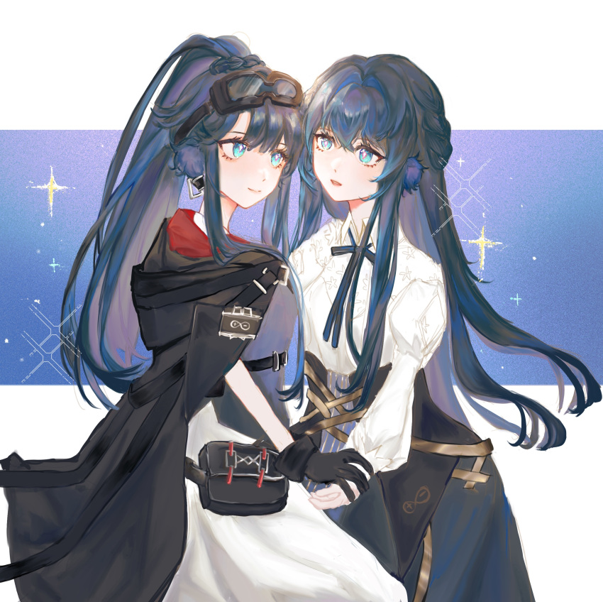 2girls absurdres animal_ears arknights astesia_(arknights) astgenne_(arknights) azhenhgu bird_ears blue_hair blue_shirt diamond-shaped_pupils diamond_(shape) dress feather_hair goggles goggles_on_head highres long_sleeves looking_at_viewer multiple_girls ponytail rhine_lab_logo shirt siblings sisters skirt symbol-shaped_pupils white_skirt