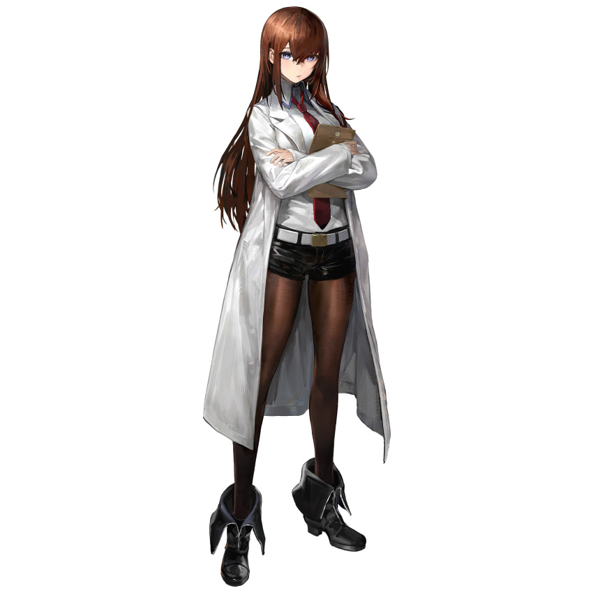 1girl belt belt_buckle black_footwear black_pantyhose black_shorts boots bright_pupils brown_hair buckle coat crossed_arms envelope full_body girls'_frontline_neural_cloud hair_between_eyes highres lab_coat lapels long_coat long_hair looking_at_viewer makise_kurisu manila_envelope necktie notched_lapels official_art open_clothes open_coat pantyhose pantyhose_under_shorts red_necktie shorts sidelocks simple_background sleeves_past_wrists solo standing steins;gate tachi-e third-party_source transparent_background very_long_hair violet_eyes white_belt white_coat