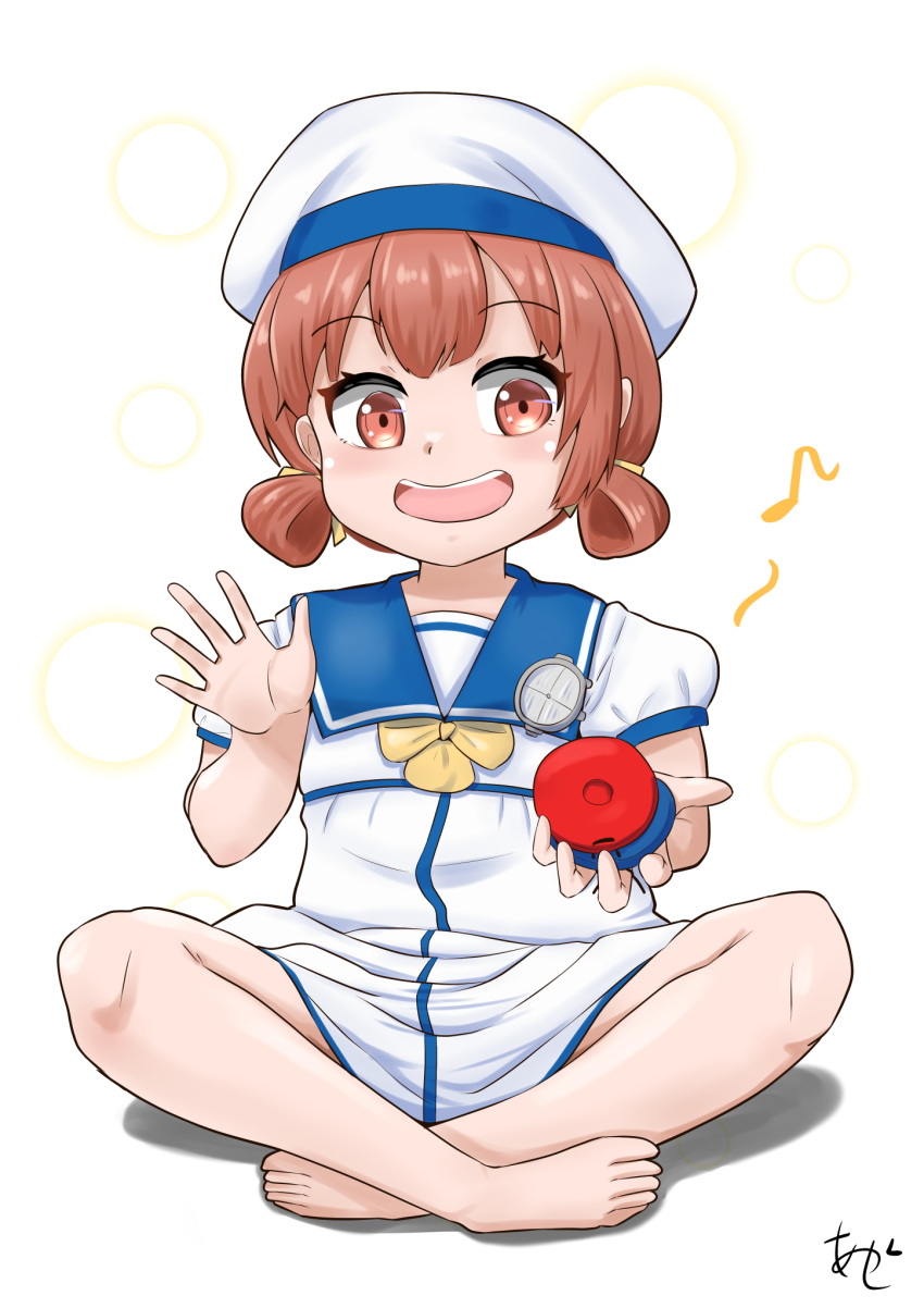 1girl akashieru barefoot blue_sailor_collar bow brown_eyes brown_hair castanets dress hair_rings hat highres holding holding_instrument indian_style instrument kaiboukan_no._4_(kancolle) kantai_collection long_hair low_twintails open_mouth sailor_collar sailor_dress sailor_hat sailor_shirt shirt short_sleeves simple_background sitting smile solo twintails white_background white_dress white_hat yellow_bow