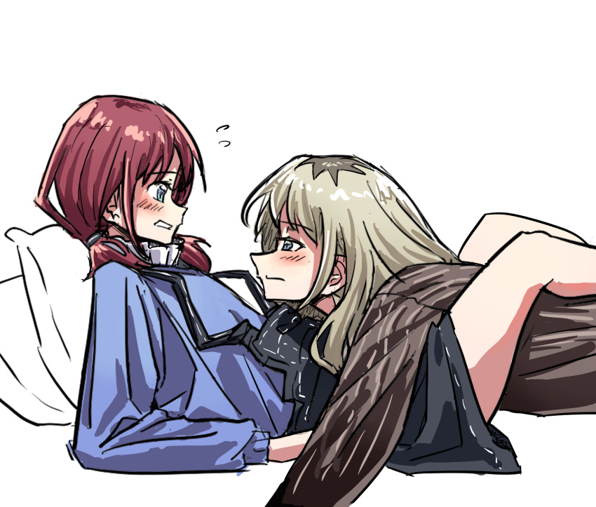 2girls anjuro_zeeku between_legs black_sweater blue_eyes blue_sweater blush brown_hair closed_mouth commentary eye_contact girls_band_cry grey_eyes highres hug iseri_nina kawaragi_momoka light_brown_hair long_hair looking_at_another low_twintails multicolored_hair multiple_girls open_mouth pillow roots_(hair) short_hair short_twintails sidelocks simple_background sweater twintails white_background yuri