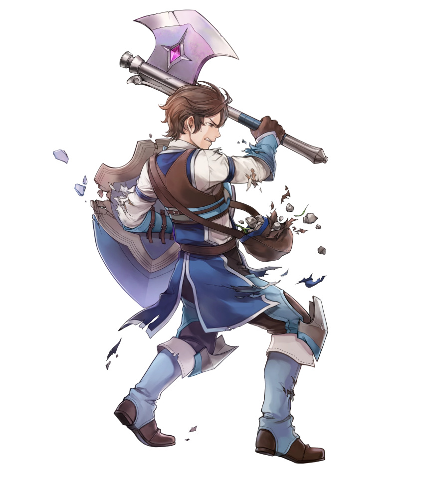 1boy aged_down axe brown_eyes brown_gloves brown_hair clenched_teeth damaged fire_emblem fire_emblem_awakening fire_emblem_heroes frederick_(child)_(fire_emblem) frederick_(fire_emblem) gloves highres holding holding_axe non-web_source pebble pouch shield short_hair solo tagme teeth torn_clothes