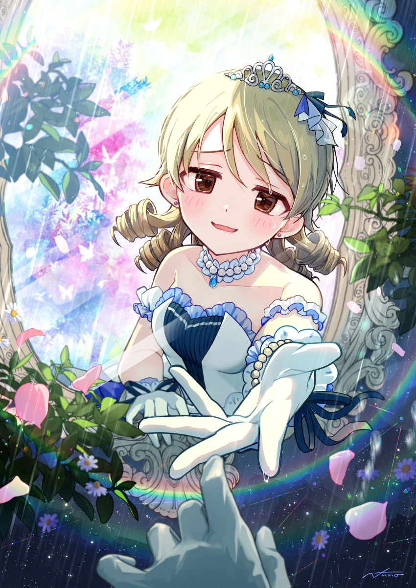 1girl 1other absurdres bare_shoulders beckoning blush bug butterfly collarbone dress drill_hair earrings falling_petals foreshortening gloves glowing_butterfly highres idolmaster idolmaster_cinderella_girls jewelry light_brown_hair looking_at_viewer mirror morikubo_nono out_of_frame petals portal_(object) pov pov_hands rain rainbow signature smile solo_focus starry_sky_bright_(idolmaster) strapless strapless_dress stud_earrings tiara water_drop white_gloves yukinuno