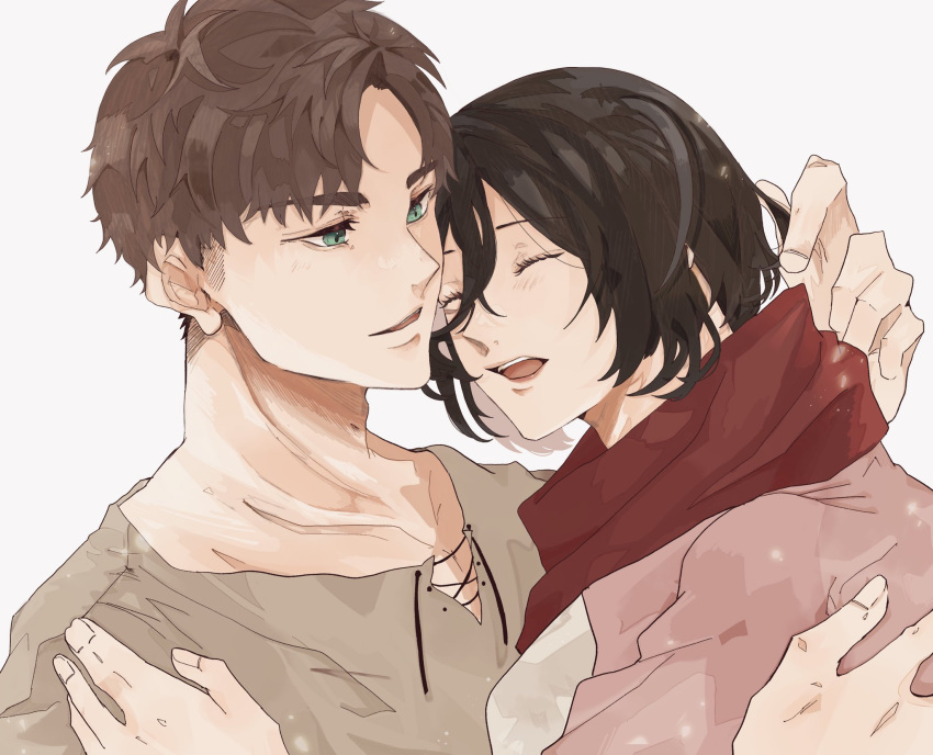 1boy 1girl arm_around_back black_hair brown_hair brown_shirt cardigan closed_eyes couple eren_yeager green_eyes hair_between_eyes hand_in_another's_hair hand_on_another's_shoulder hetero highres hug mikasa_ackerman nitijoy2 open_mouth parted_bangs parted_lips pink_cardigan red_scarf scarf shingeki_no_kyojin shirt short_hair smile upper_body white_background