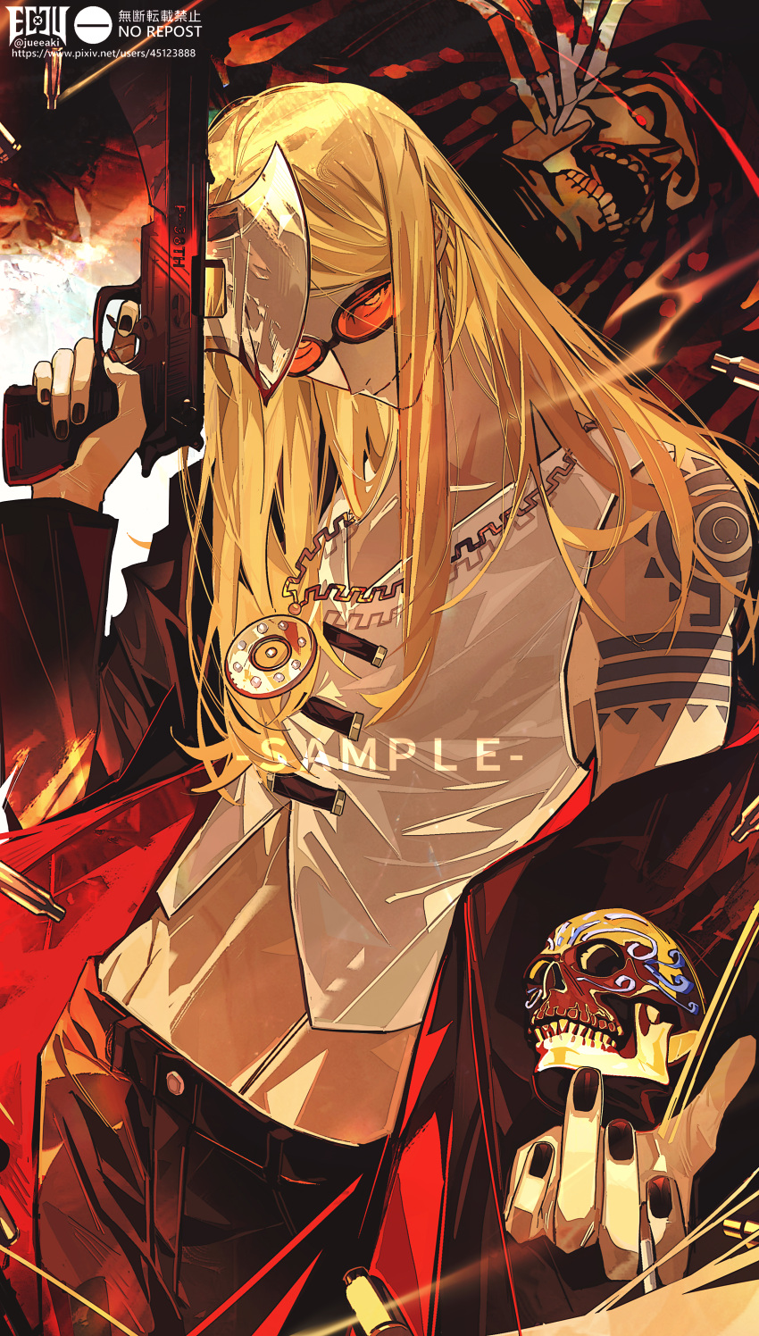 1boy absurdres aztec black_jacket black_nails blonde_hair coat eeju fate/grand_order fate_(series) flapper_shirt gold_necklace highres image_sample jacket jewelry long_hair looking_at_viewer male_focus medallion midriff_peek necklace open_clothes open_jacket orange-tinted_eyewear pixiv_id pixiv_sample shirt shoulder_tattoo smile solo sunglasses tattoo tezcatlipoca_(fate) tinted_eyewear trench_coat white_shirt