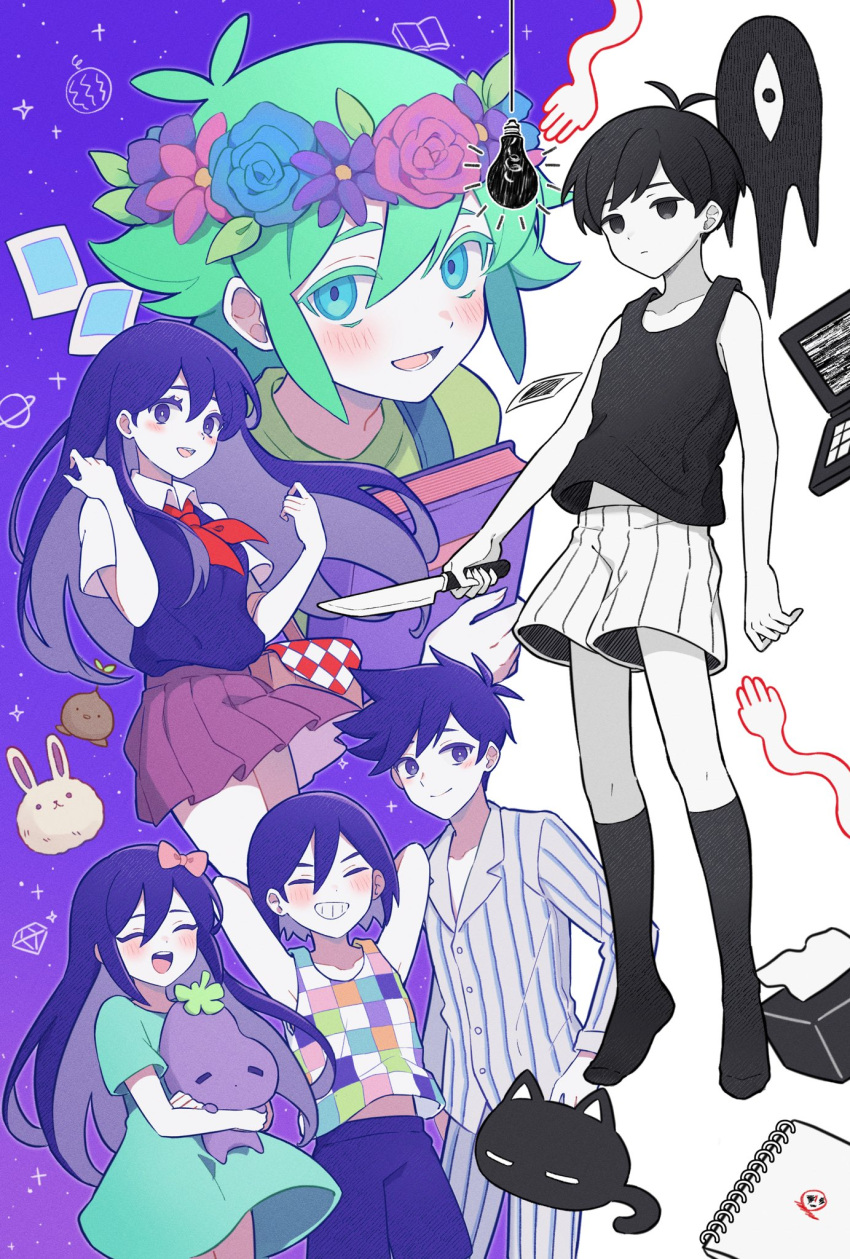 2girls 4boys ^_^ animal antenna_hair aqua_dress aqua_eyes arms_at_sides arms_behind_head aubrey_(headspace)_(omori) aubrey_(omori) bare_arms bare_shoulders basil_(headspace)_(omori) basil_(omori) basket black_cat black_eyes black_hair black_socks black_tank_top blue_flower blue_pajamas blue_pants blue_rose blue_skirt blush book bow bright_pupils brother_and_sister brothers brown_skirt buttons cat checkered_clothes checkered_shirt closed_eyes closed_mouth collarbone colored_eyelashes colored_inner_hair colored_skin commentary computer dress english_commentary expressionless fingernails flipped_hair floating_clothes flower flower_wreath forest_bunny_(omori) full_body gradient_sky green_hair green_shirt grey_hair grey_pajamas grey_pants grey_shirt grin hair_behind_ear hair_between_eyes hair_bow hand_on_own_hip hands_up head_wreath hero_(headspace)_(omori) hero_(omori) highres holding holding_basket holding_book holding_knife holding_stuffed_toy kel_(headspace)_(omori) kel_(omori) kitchen_knife kneehighs knife laptop leaf light_bulb long_sleeves looking_at_viewer lower_teeth_only m1stm1 mari_(headspace)_(omori) mari_(omori) mewo midriff_peek mr._plantegg_(omori) multicolored_hair multiple_boys multiple_girls neckerchief no_pupils no_shoes omori omori_(omori) open_mouth pajamas pants photo_(object) picnic_basket picnic_blanket pink_bow pink_flower pink_rose pleated_skirt purple_flower purple_hair purple_outline purple_shorts purple_sky purple_sweater_vest red_neckerchief rose shirt short_sleeves shorts siblings sidelocks skirt sky smile socks something_(omori) sprout_mole standing striped_clothes striped_pants striped_shirt striped_shorts stuffed_eggplant stuffed_toy sweater_vest tank_top teeth tissue_box tongue two-tone_hair two-tone_pajamas two-tone_pants two-tone_shirt upper_body upper_teeth_only v-shaped_eyebrows vertical-striped_clothes vertical-striped_pajamas vertical-striped_pants vertical-striped_shirt vertical-striped_shorts violet_eyes white_background white_pupils white_shirt white_shorts white_skin wind wing_collar
