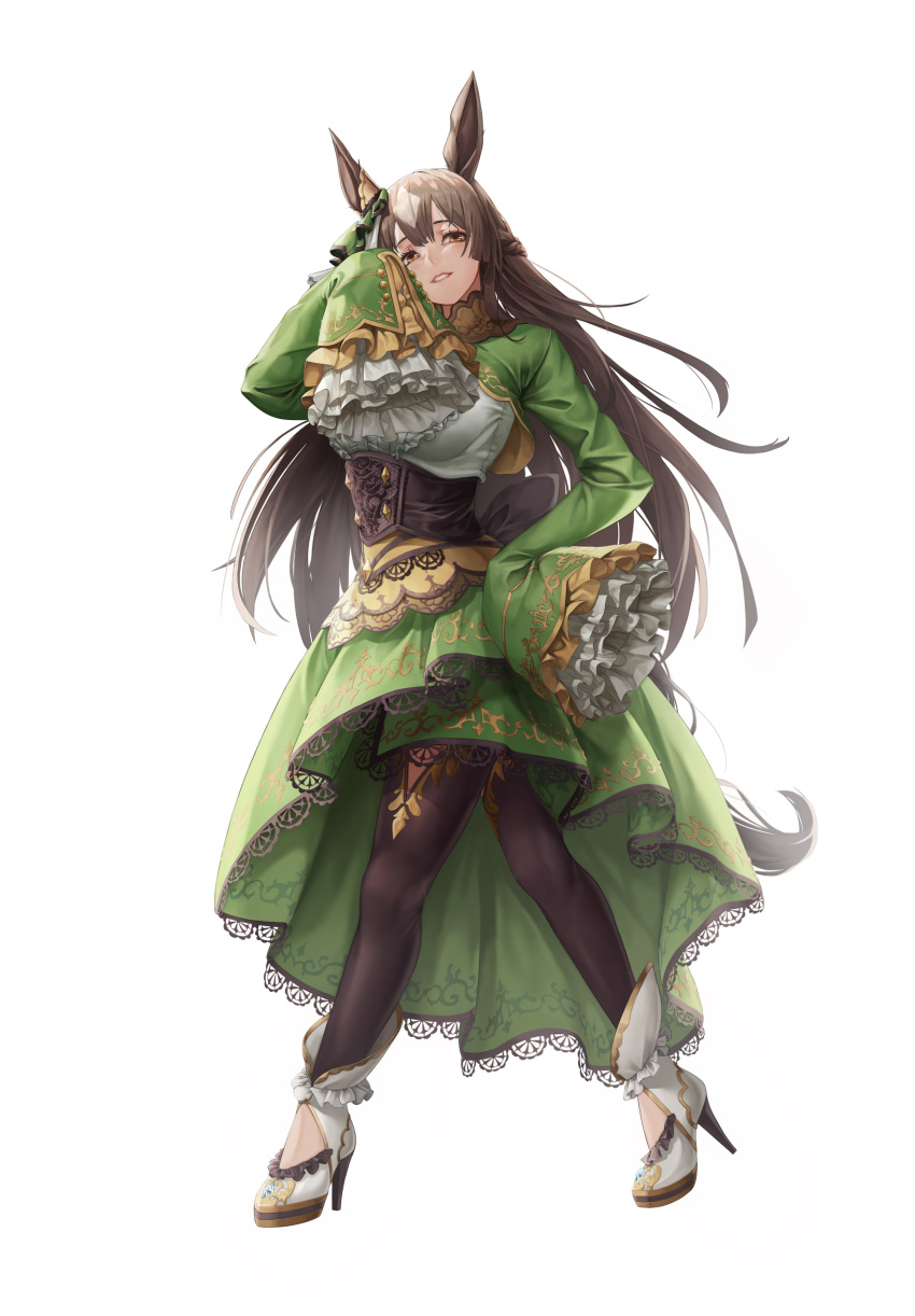 1girl absurdres animal_ears black_thighhighs breasts brown_eyes brown_hair ddolliddoll dress ear_ornament ear_ribbon full_body green_dress green_skirt hair_between_eyes hair_ornament high_heels highres horse_ears horse_girl horse_tail jewelry large_breasts long_hair long_sleeves looking_at_viewer multicolored_hair pantyhose puffy_sleeves satono_diamond_(umamusume) simple_background sitting skirt sleeves_past_fingers sleeves_past_wrists smile solo streaked_hair tail thigh-highs umamusume very_long_hair white_background