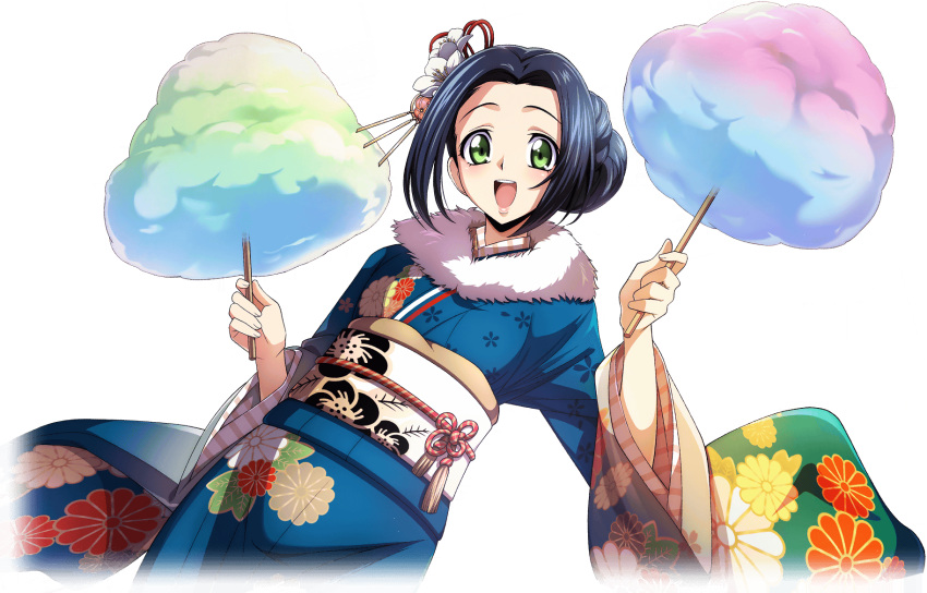 1girl artist_request black_hair blue_kimono blush code_geass code_geass:_lost_stories cotton_candy cowboy_shot dutch_angle flat_chest floral_print flower food fur-trimmed_kimono fur_collar fur_trim game_cg green_eyes hair_bun hair_flower hair_intakes hair_ornament hands_up happy highres holding holding_food japanese_clothes kimono light_blush long_sleeves looking_at_viewer non-web_source obi official_art open_mouth rainbow_gradient sash short_hair sidelocks simple_background smile solo standing sumeragi_kaguya teeth transparent_background white_flower wide_sleeves