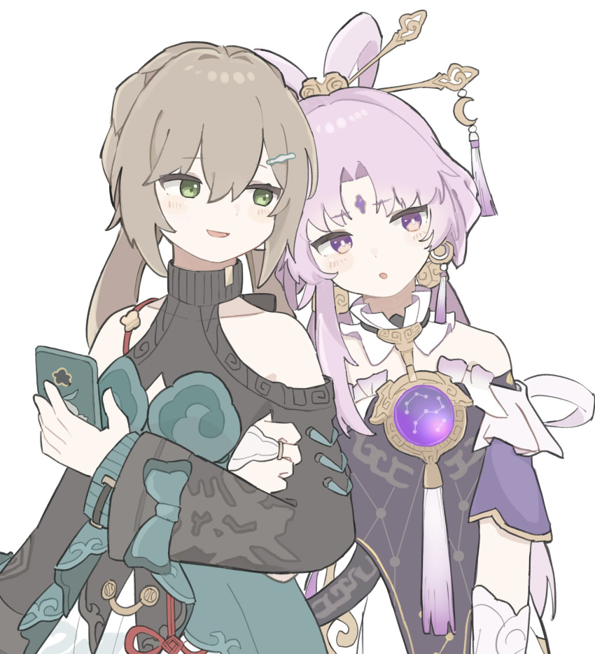 2girls :o absurdres black_dress black_shirt blush bow-shaped_hair brown_hair clothing_cutout commentary_request couple dress earrings facial_mark fu_xuan_(honkai:_star_rail) green_dress green_eyes hair_ornament hairpin hamu_(hamusand) head_on_another's_shoulder highres holding holding_phone honkai:_star_rail honkai_(series) jewelry long_hair looking_at_viewer multiple_girls phone pink_hair qingque_(honkai:_star_rail) shirt shirt_under_dress shoulder_cutout simple_background smile tassel tassel_earrings upper_body violet_eyes white_background yuri
