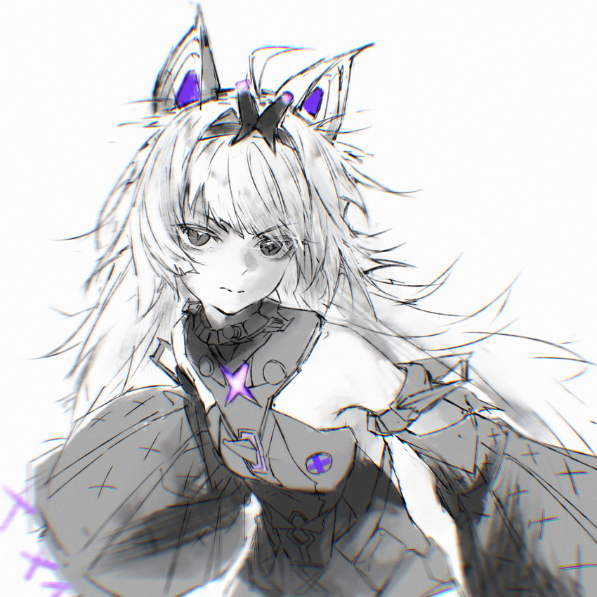 absurdres ahoge ai_(zerozeronii) animal_ears bare_shoulders bodysuit breasts closed_mouth cross-shaped_pupils detached_sleeves greyscale hair_intakes hairband highres long_hair looking_at_viewer mechanical_ears messy_hair mismatched_pupils monochrome no.21:_feral_scent_(punishing:_gray_raven) no.21_(punishing:_gray_raven) punishing:_gray_raven sidelocks sleeves_past_fingers sleeves_past_wrists small_breasts spot_color symbol-shaped_pupils unkempt wolf_ears