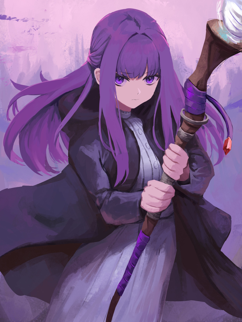 1girl absurdres black_coat coat commentary cowboy_shot dress english_commentary fern_(sousou_no_frieren) hands_up highres holding holding_staff long_hair looking_at_viewer mage_staff open_clothes open_coat purple_background purple_hair purple_theme solo sousou_no_frieren staff standing upper_body v-shaped_eyebrows violet_eyes white_dress yan_kodiac
