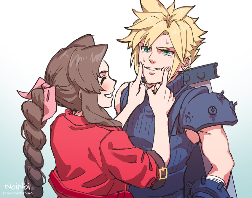 1boy 1girl aerith_gainsborough aqua_eyes armor artist_name bandaged_arm bandages blonde_hair blue_shirt blush braid braided_ponytail brown_hair buster_sword closed_eyes cloud_strife cropped_jacket earrings final_fantasy final_fantasy_vii final_fantasy_vii_rebirth final_fantasy_vii_remake furrowed_brow gradient_background grin hair_ribbon hands_on_another's_cheeks hands_on_another's_face highres jacket jewelry long_hair looking_at_another noinoichebura parted_bangs parted_lips pink_ribbon red_jacket ribbon shirt short_hair short_sleeves shoulder_armor sidelocks single_bare_shoulder single_braid single_earring single_shoulder_pad sleeveless sleeveless_turtleneck smile spiky_hair suspenders sweatdrop teeth turtleneck twitter_username upper_body weapon weapon_on_back