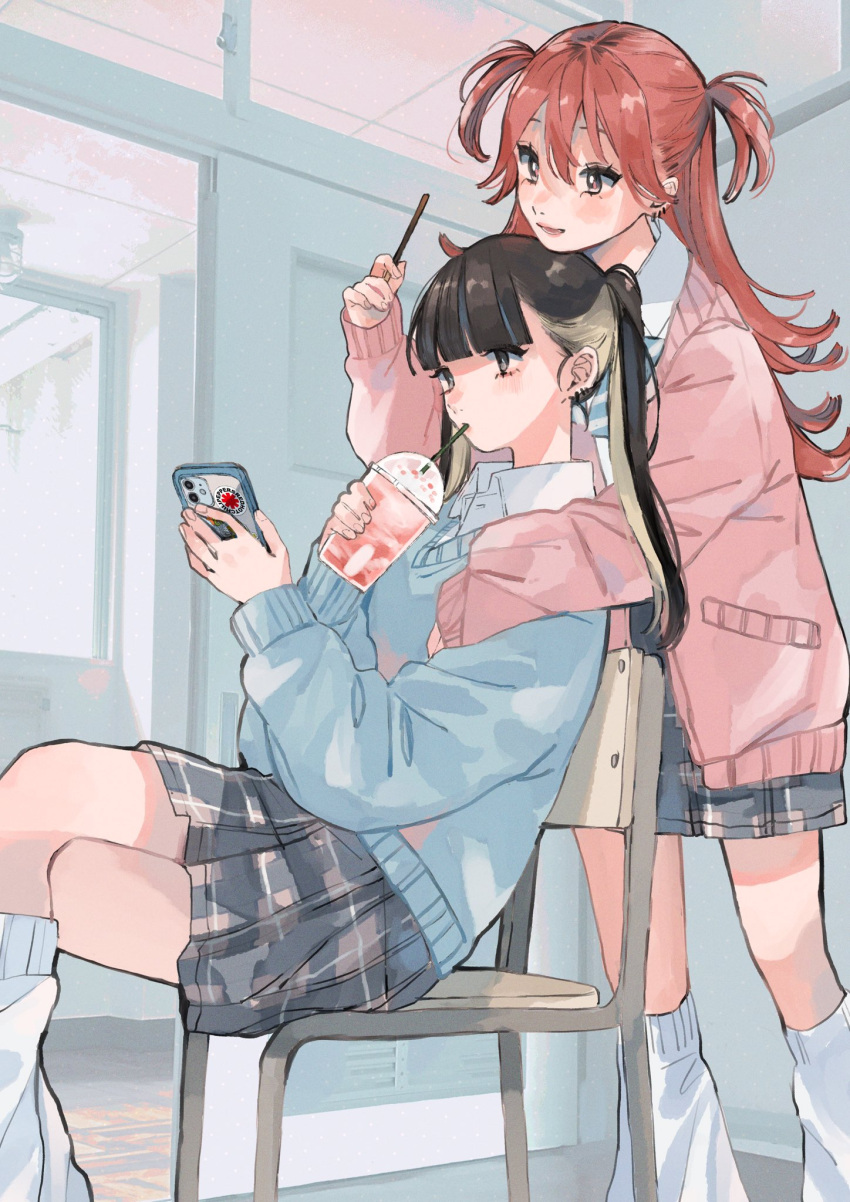 2girls black_eyes black_hair blue_bow blue_bowtie blue_skirt blue_sweater blunt_bangs blush bow bowtie cardigan chair classroom collared_shirt commentary_request crossed_legs cup disposable_cup dress_shirt drinking_straw drinking_straw_in_mouth ear_piercing earrings food hair_between_eyes hand_up highres holding holding_cup holding_phone indoors inkya_gyaru_demo_ikigaritai! jewelry kashiwagi_tsukiko kuran_arisa long_hair long_sleeves lower_teeth_only multicolored_hair multiple_girls ogino_ichiko open_cardigan open_clothes open_mouth phone piercing pink_cardigan pleated_skirt pocky red_eyes roots_(hair) school_chair shirt skirt sleeves_past_wrists sweater teeth twintails two_side_up white_leg_warmers white_shirt