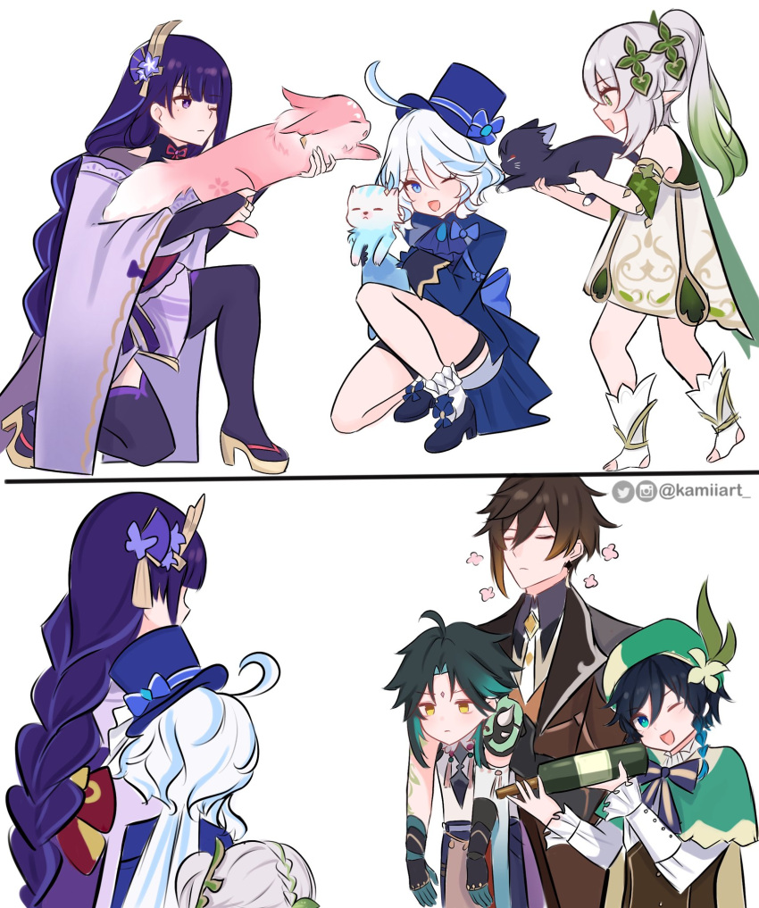 3boys 3girls artist_name black_hair blue_eyes bottle bow bowtie braid carrying carrying_person cat closed_eyes closed_mouth elf fox genshin_impact green_eyes green_hair highres instagram_logo instagram_username japanese_clothes kamiiart kimono long_braid long_hair looking_at_viewer mole mole_under_eye multicolored_hair multiple_boys multiple_girls necktie neuvillette_(genshin_impact) one_eye_closed open_mouth pointy_ears ponytail purple_hair purple_kimono scaramouche_(cat)_(genshin_impact) scaramouche_(genshin_impact) short_hair thigh_strap toeless_footwear twitter_logo twitter_username very_long_hair violet_eyes white_hair wine_bottle yae_miko yae_miko_(fox) yellow_eyes