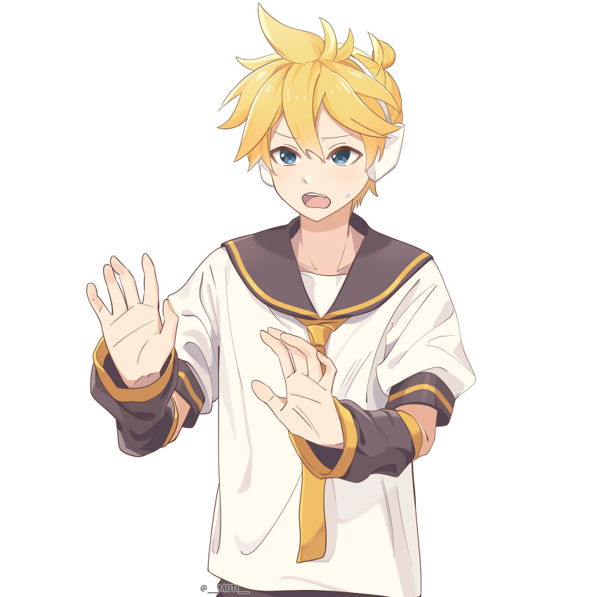 1boy absurdres aqua_eyes arm_warmers black_arm_warmers black_sailor_collar blocking blonde_hair commentary headphones highres kagamine_len m0ti necktie nervous open_mouth outstretched_arms outstretched_hand sailor_collar school_uniform shirt short_sleeves simple_background solo_focus spiky_hair standing sweat twitter_username upper_body vocaloid white_background white_shirt yellow_necktie