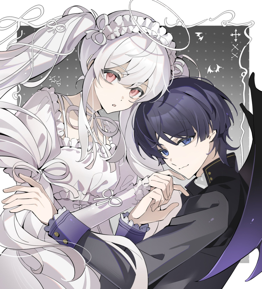 1boy 1girl arms_up black_coat blue_eyes blue_hair closed_mouth coat collared_coat commission couple demon_wings dress frilled_sleeves frills genshin_impact hair_between_eyes hair_flowing_over hair_ribbon halo hand_up hands_up hayamimomo highres holding_hands light_smile long_hair long_sleeves looking_at_viewer maid_headdress neck_ribbon original parted_lips pink_eyes puffy_long_sleeves puffy_sleeves purple_wings ribbon scaramouche_(genshin_impact) short_hair twintails wanderer_(genshin_impact) white_dress white_hair white_headdress white_ribbon wings