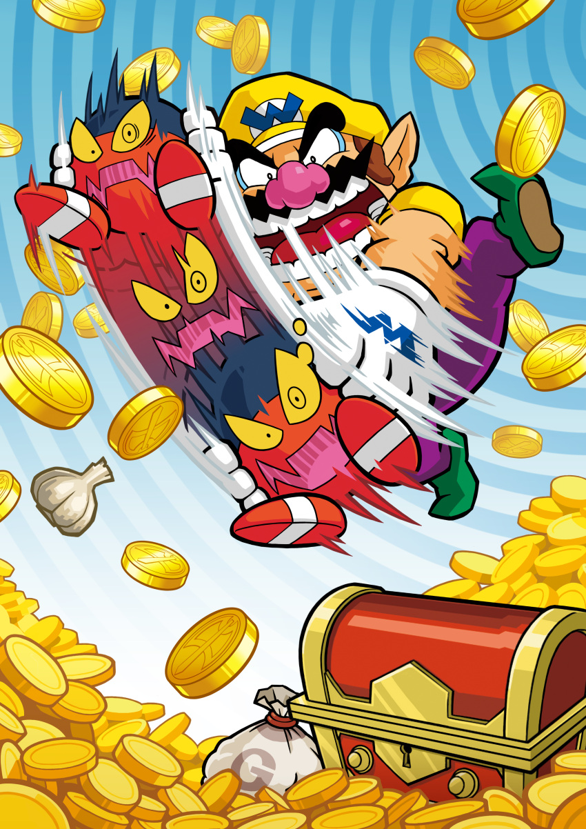 1boy absurdres big_nose coin facial_hair garlic gloves gold_coin green_footwear hat highres motion_lines mustache official_art overalls pointy_ears purple_overalls sack shirt thick_eyebrows third-party_source treasure treasure_chest wario wario_land wario_land:_shake_it! white_gloves yellow_eyes yellow_hat yellow_shirt