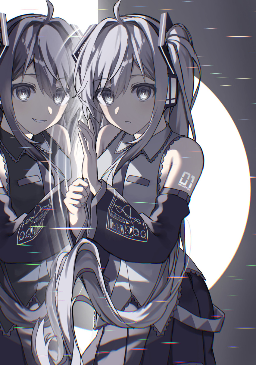 2girls :d absurdres ahoge bare_shoulders belt black_background collared_shirt commentary_request cowboy_shot detached_sleeves different_reflection dual_persona frilled_shirt frills greyscale grin hair_between_eyes hair_intakes hatsune_miku headset highres holding_hands kurobikari long_hair long_sleeves looking_at_viewer loose_belt monochrome multiple_girls number_tattoo open_mouth pleated_skirt reflection ripples shirt sidelocks skirt sleeveless sleeveless_shirt smile split_theme tattoo teeth twintails two-tone_background ura-omote_lovers_(vocaloid) very_long_hair vocaloid white_background