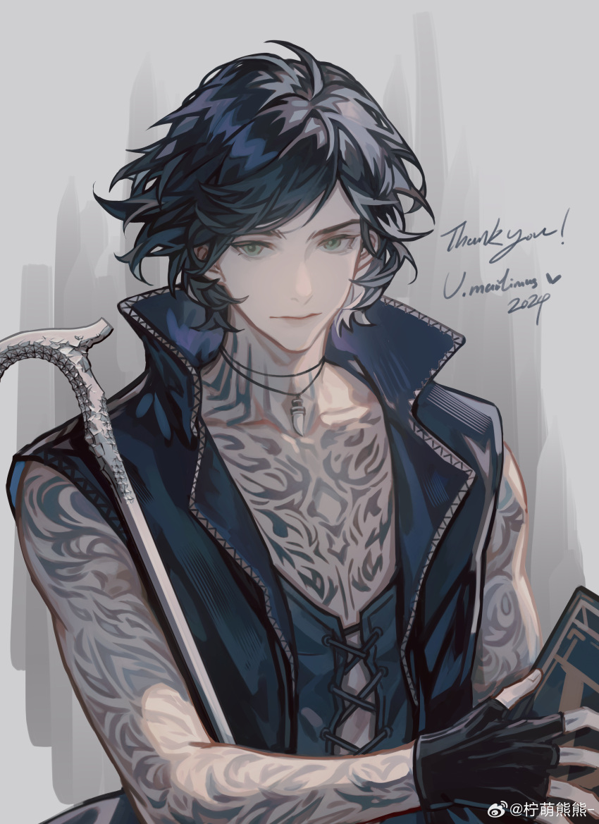 1boy absurdres arm_tattoo black_hair devil_may_cry_(series) full-body_tattoo highres holding jewelry lolvivianli male_focus necklace solo tattoo v_(devil_may_cry)