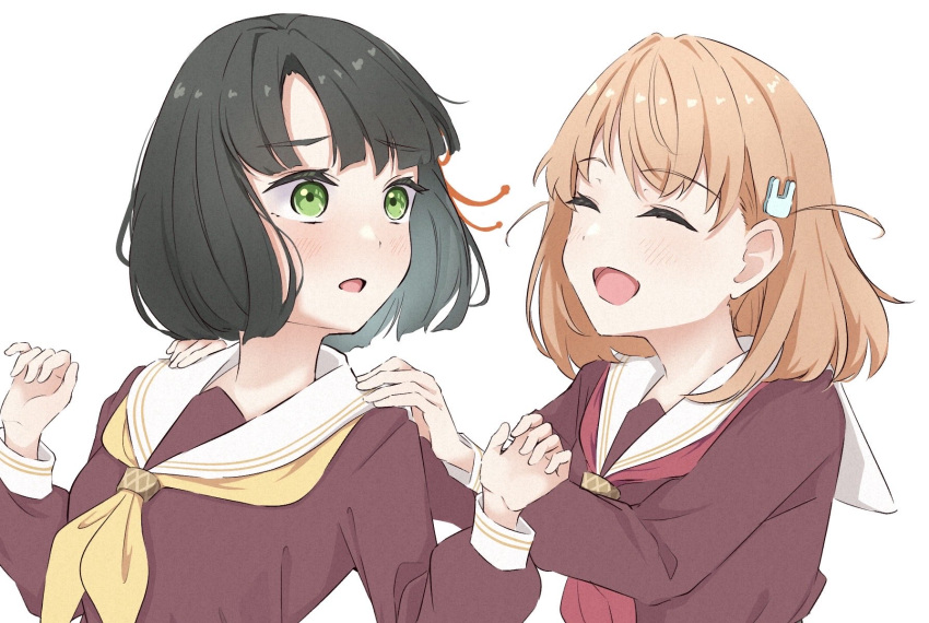 2girls ^_^ black_hair blunt_bangs blunt_ends brown_dress closed_eyes commentary_request crossed_bangs dress flower flustered green_eyes green_hair hair_flower hair_ornament hands_on_another's_shoulders hands_up hasu_no_sora_school_uniform highres hinoshita_kaho link!_like!_love_live! long_sleeves looking_at_viewer love_live! medium_hair momose_ginko multiple_girls neckerchief open_mouth orange_hair rabbit_hair_ornament red_neckerchief sailor_collar school_uniform short_hair simple_background smile tomoe_(tomoe_200) two_side_up virtual_youtuber white_background white_sailor_collar winter_uniform yellow_neckerchief