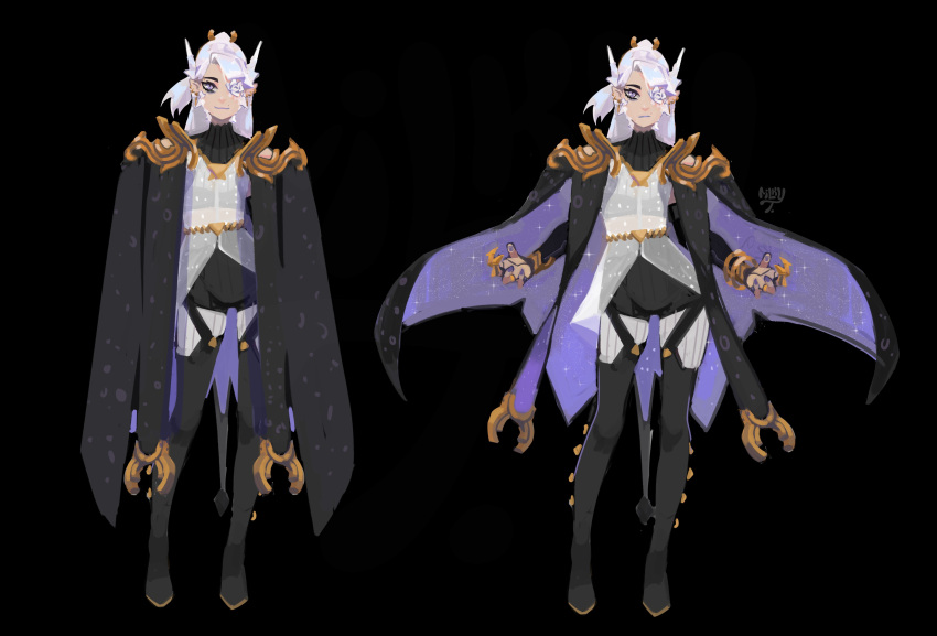 absurdres boots cape detached_sleeves highres long_hair milkytiddyboy original pointy_ears shorts strap sweater tagme thigh_boots turtleneck turtleneck_sweater violet_eyes white_hair